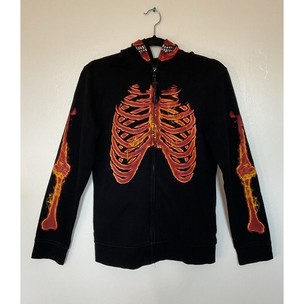 TONY HAWK | Full Zip Black Hoodie With Skeleton Design | Size L